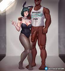 1boy 1girls big breasts big penis blizzard entertainment clothed  clothing dark-skinned male dark skin denre fubuki (one-punch man) green  eyes green hair huge breasts huge cock interracial leotard light-skinned