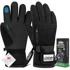 Pair of black winter ski gloves with adjustable wrist straps