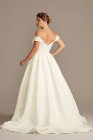 Off Shoulder Satin Gown Plus Size Wedding Dress David S Bridal Plus Wedding Dresses Davids Bridal Wedding Dresses Wedding Dress With Pockets