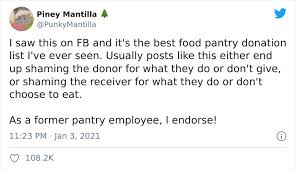 The foodpantries.org website has a directory of food banks available nationwide and offers information on each listing gives a website link with the pantry's address, phone number and hours. Woman Shares A List Of Acceptable Donation To Food Banks Which Gets Appreciated By 108k People On Twitter Bored Panda