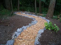 Natural Pathway Through Wooded Area Using Stone And Wood Chips Wood Chips Landscaping Wooded Landscaping Landscape Design