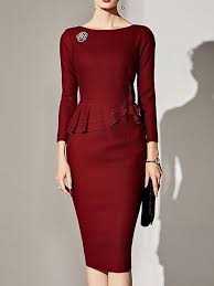 Solid Ruffled Elegant Midi Dress Elegant Midi Dresses Long Sleeve Cocktail Dress Party Dress Long Sleeve