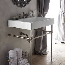 A modern approach to a contemporary console vanity table in an industrial style, made out of shiny aluminium with a chromed finish and a white ceramic sink on the top, as well as a handy glass shelf. Console Sink Ideas Timeless Classic Bathroom Hello Lovely