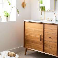A white curtain protects the shower area. Mid Century Double Bathroom Vanity 63 Acorn