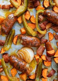 Season with salt and pepper as desired. Roasted Sausage With Sweet Potatoes And Peppers Barefeet In The Kitchen