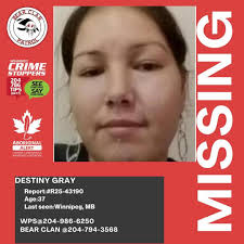💥 Winnipeg, Manitoba 💥 ⚠️🚨MISSING🚨⚠️ R25-43190 • DESTINY DAWN GRAY , 37  years GRAY was last seen July 1, 2025, in the 200 block of Manitoba Avenue.  GRAY is described as 5'2”,