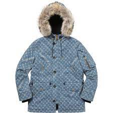 Supreme Louis Vuitton Supreme Jacquard Denim N 3b Parka Liked On Polyvore Featuring Outerwear Coats Blue Par Denim Parka Denim Parka Jacket Blue Denim Coat
