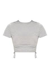 Black And White Crop Top Clipart Grey Jersey Ruched Side Crop T Shirt Tops Prettylittlething Usa Crop Top Outfits Crop Tshirt Cute Crop Tops
