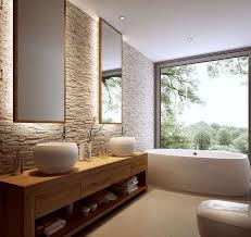 Natursteinwand Holz Waschtisch Und Spiegel Mit Hinterbeleuchtung Hinterbeleuchtung Holz Mit Bildern Natursteinwand Badezimmer Innenausstattung Badezimmer Renovieren