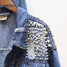 Wer von dem lässigen denim jeans stoff nicht genug kriegen kann, sollte seine sammlung um eine neue. Langarm Jeansjacke Frauen Dunne Strass Perlen Denim Damen Elegante Vintage Loch Madchen Jacken Mantel Casacos Feminino Long Sleeve Denim Jacket Denim Jacket Womenjacket Women Aliexpress