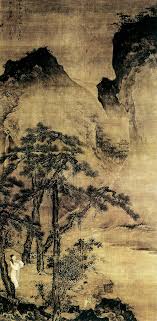 杜堇山水人物图 日 私人藏此图以谨严苍劲笔墨描绘文人隐逸生活 画面上高山峻拔 溪流绕岸 松林苍翠 一隐士漫步于溪岸 仰望远山 陶醉于林泉山色中 画家自题 松色洒衣碧 微风寄遐想 山中有楼 chinese landscape painting chinese landscape chinese painting