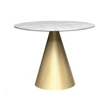 You can use it as your dining room table or would be even cooler if you put it outside of your house with couple of wooden chairs around it. Round Marble Dining Table With Conical Brass Base Available At Fusion