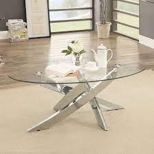 Yaheetech 3 tier modern living room oval glass coffee table round glass side table end tables all clear with chrome finish legs cocktail table yaheetech. Oval Shape Glass Top Coffee Table With Criss Cross Base Silver And Clear Overstock 30922209