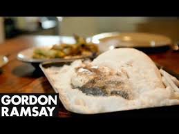 Salt Crusted Sea Bream With Braised Leeks And Hazelnuts Gordon Ramsay Youtube Braised Leeks Gordon Ramsay Recipe Salt Baked Fish
