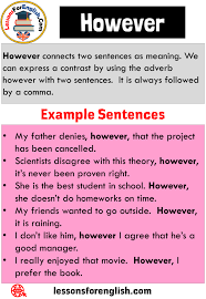 Uses However Definition And 6 Example Sentences With However However Connects Two Sentences As Meaning We Can Expr In 2020 Sentences Do Homework Improve Your English