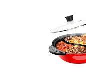 Hot Pot With Divider For Induction Cooker Dual Sided Soup Cookware  Two-flavor Chinese Shabu Shabu Pot For Home Party Family Gathering, 4.5  Quart (Red