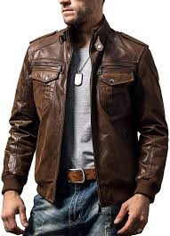 Amazon Com Flavor Chaqueta De Piel Para Hombre Estilo Retro Color Marron Clothing Leather Jacket Men Brown Leather Jacket Men Brown Leather Jacket