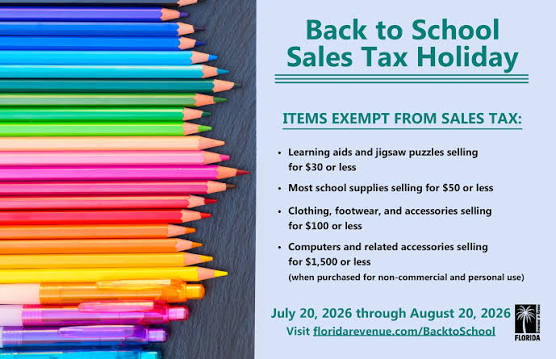 Florida's annual back-to-school sales tax holiday will be held from July 20  through Aug. 20. Each school provides their own supply list, and many PCPS  schools have already begun posting that info