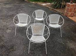 Four Mid Century Modern Salterini Wire Mesh Wrought Iron Clam Patio Chairs Would Be A Great Ad Garden Chairs Mid Century Modern Chair Wrought Iron Patio Chairs