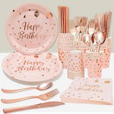 Scallop party cups rose gold (8 pack) £4.59. Gooddoghousehold 200 Pcs Pink Disposable Birthday Party Tableware Serves 25 Pink Rose Gold Birthday Party Plates Napkins Cups Rose Gold Plastic Cutlery For Girl Women Birthday Party Supplies Wayfair