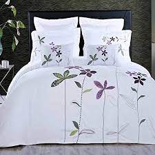 Duvet Cover White Full Queen 100 Egyptian Cotton Embroidered Floral Pattern Lavender Purple Flowers 5 Pi Duvet Cover Sets Embroidered Duvet Cover Duvet Bedding