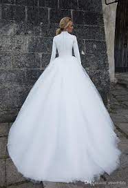 Discount 2019 New High Neck Long Sleeves Lace A Line Muslim Wedding Dresses Satin Empire Lace Applique Zipper Tulle Winter Wedding Bridal Gowns Beach Wedding Dr Long Wedding Dresses Traditional Wedding