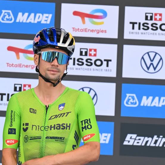Primož Roglič riding in the Slovenian national team kit ahead of the 2026 European Championships.