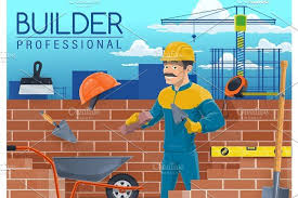 Builder With Bricklayer Tools Work Tools Builder Cartoons Vector