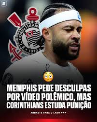 ⚠️ MEMPHIS PODE SER PUNIDO POR CLIPE POL&Ecirc;MICO? ENTENDA! Segundo apurou a ESPN, Memphis Depay pediu desculpas &agrave; diretoria do Corinthians pelo clipe pol&ecirc;mico publicado na sexta-feira (21). O v&iacute;deo mostrava o