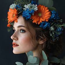 Gambar Seorang Wanita Yang Memakai Tudung Bunga Dengan Bunga Biru Dan Oren,  Perempuan, Memakai, Bunga Latar belakang untuk Muat turun Percuma