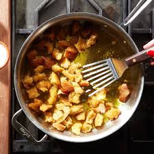 How To Make Olive Oil Fried Croutons The Best Croutons On The Planet Delicious Salad Dressings Croutons Delicious Salads