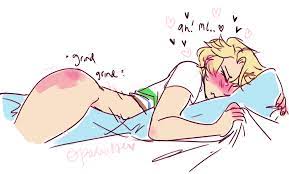 1boy blonde hair humping pillow mystic messenger no visible  genitalia pantsless yoosung kim 