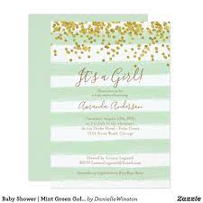 Baby Shower Mint Green Gold Glitter Stripes Invitation Zazzle Com Green Baby Shower Green And Gold Baby Shower