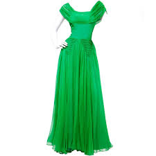 Vintage 1940 S Kelly Green Silk Chiffon Full Sweep Gown Dress Evening Dresses Vintage Dresses Silk Chiffon Dress