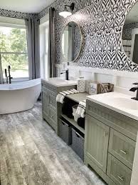 Boho Chic Farmhouse Master Bath Makeover Green Vanity Gold Accents Round Gold Mirrors Boho Wallpaper Board An Bathroom Layout Bathroom Design Bathroom Makeover