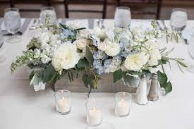 Great Pastel Flower Centerpiece For Baby Shower Gray Wooden Box With Greenery White And Baby Shower Flowers Boy Baby Shower Centerpieces Baby Boy Christening