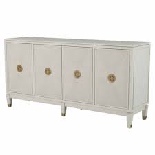 Four seamless doors open to adjustable interior shelving, allowing for custom storage. Estella Mid Century Gold Iron Trim White Oak Wood Ribbed 4 Door Cabinet White Oak Wood White Buffet Table Cabinet