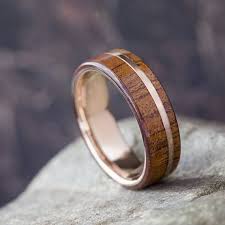 Rose Gold Koa Wood Ring Wooden Wedding Band With 14k Rose Hisandhersweddingbands Wooden Wedding Bands Wooden Wedding Ring White Sapphire Ring Wedding
