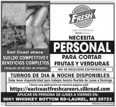 Los mejores trabajos lunes a viernes en colombia están aquí. Necesita Personal East Coast Fresh Busca Laurel Md