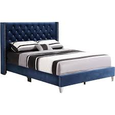 Safavieh keegan velvet tufted winged headboard. Glory Furniture Julie Velvet Upholstered King Bed In Navy Blue G1924 Kb Up
