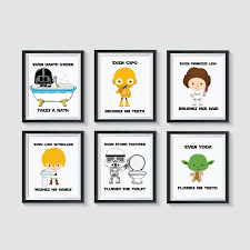 Star Wars Art Bathroom Unframed Art Prints Qty 6 Boy Star Wars Etsy In 2021 Bathroom Art Prints Star Wars Art Print Star Wars Nursery Art