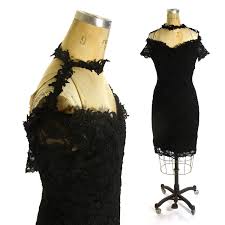 Stretch Lace Dress Vintage 80s Little Black Dress Goth Rocker Bandage Cocktail Dress With Lace Collar Long Sleeves Stretch Lace Dress Lace Dress Vintage Cocktail Dress Lace