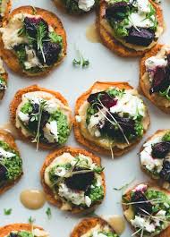 Sweet Potato Rounds With Hummus Arugula Basil Pesto Goat Cheese Roasted Beets Sprouts And A Drizzle Of Honey Can Be Made V Food Appetizer Recipes Recipes