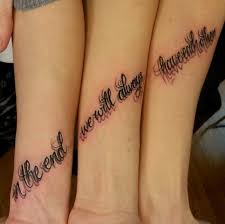 These tattoos are very much alike in that they give off the. Drop Shadow Effect Tattoo Done Accross Three Arms Matching Friend Tattoos Featuring The Message Cute Sister Tattoos Tattoos For Daughters Matching Tattoos