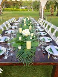 Pin By Cherished In Hawaii Weddings On Table Setting Layout Tropical Table Runners Farm Table Party Table Settings