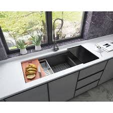 We're spending more time at home, which. Emoderndecor Workstation Undermount Stainless Steel 48 In 16 Gauge Double Bowl Kitchen Sink Integrated Ledge In Black Wsr4819dl Blk The Home Depot Black Stainless Steel Kitchen Kitchen Sink Accessories Stainless Steel Double Bowl