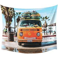 Printed on a lightweight fabric that's easy to hang with tacks, nails or string. Roommates Surf Van Large Tapestry