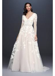 Illusion Sleeve Plunging Ball Gown Wedding Dress David S Bridal Ball Gown Wedding Dress Wedding Dress Trends Petite Wedding Dress