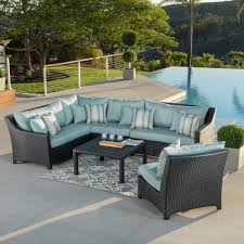 Rst Brands Deco 6 Piece Wicker Patio Sectional Seating Set With Bliss Blue Cushions Op Pess6 Bls K The Home Depot Patio Sectional Wicker Patio Sectional Patio Furniture Sets