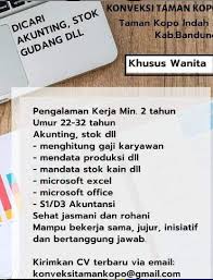 Lowongan kerja luar negeri terbaru, tki tkw biaya proses gratis / potong gaji, negara taiwan, hongkong, singapura, malaysia. Lowongan Kerja Akunting Konveksi Taman Kopo Bandung Info Lowongan Kerja Sukabumi 2021